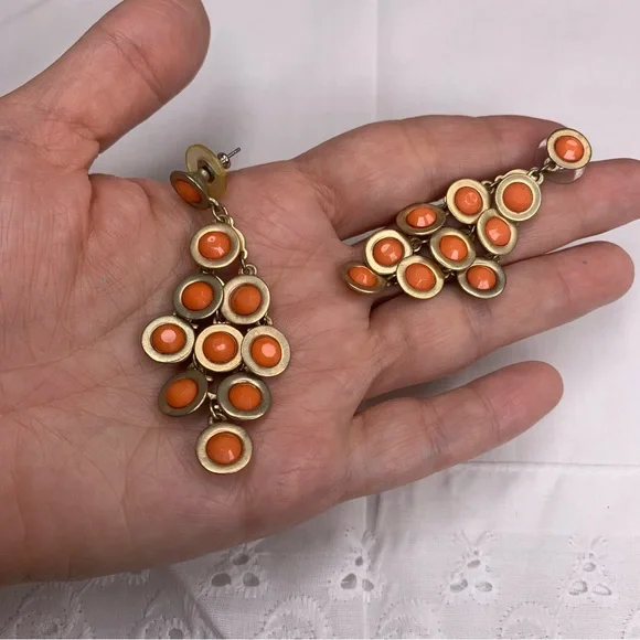 Chandelier Earrings Gold Tone Orange Faceted Flat Bead Boho Bohemian - Picture 2 of 7